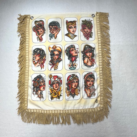 Tattoo Flash Art Wall Hanging Pin Up Girl Gold Fringe small spot.‎